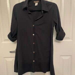 Tommy Bahama Women's Black Cotton Button-Front Cover Up Shirt Roll Tab Sleeve XS